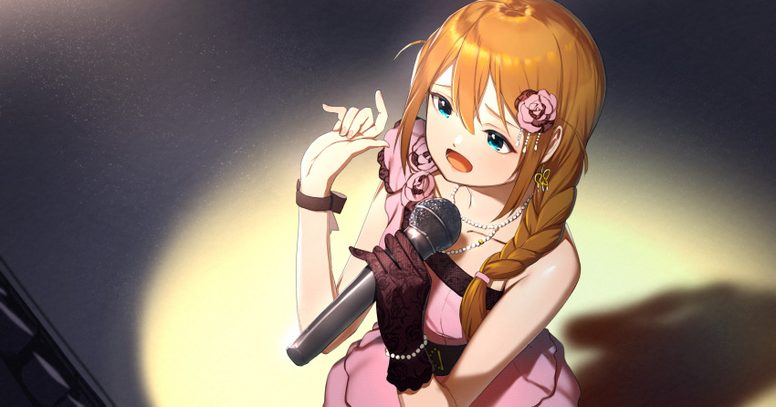 1girl :d absurdres baba_konomi bangs bare_shoulders blue_eyes blush bracelet braid brown_gloves brown_hair collarbone commentary_request dress earrings fingernails flower from_above gloves hair_between_eyes hair_flower hair_ornament hair_over_shoulder hands_up highres idolmaster idolmaster_million_live! jewelry lace lace_gloves long_hair looking_away necklace open_mouth pearl_bracelet pearl_necklace pink_dress pink_flower pink_rose rose single_braid single_glove smile solo standing suzuki_puramo