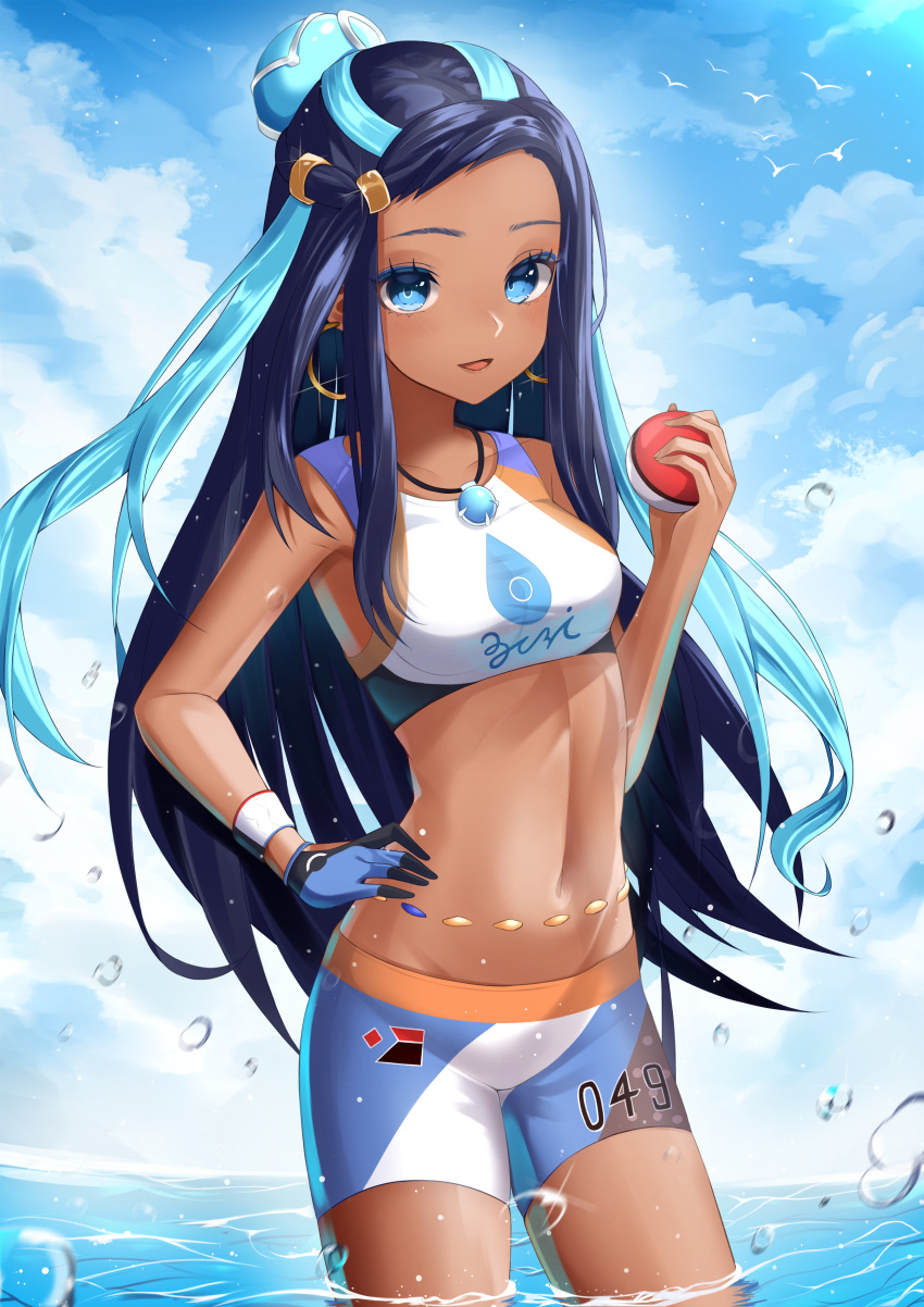 1girl absurdres aqua_hair armpit_peek bike_shorts black_gloves blue_eyes blue_gloves blue_hair breasts clouds cloudy_sky cowboy_shot dark_skin day droplet earrings floating_hair gloves guntree hair_ornament hand_on_hip highres hoop_earrings jewelry medium_breasts midriff multicolored_hair navel necklace ocean outdoors parted_lips partially_submerged poke_ball pokemon pokemon_(game) pokemon_swsh rurina_(pokemon) single_glove sky solo sports_bra standing straight_hair taut_clothes thighs two-tone_gloves two-tone_hair wristband