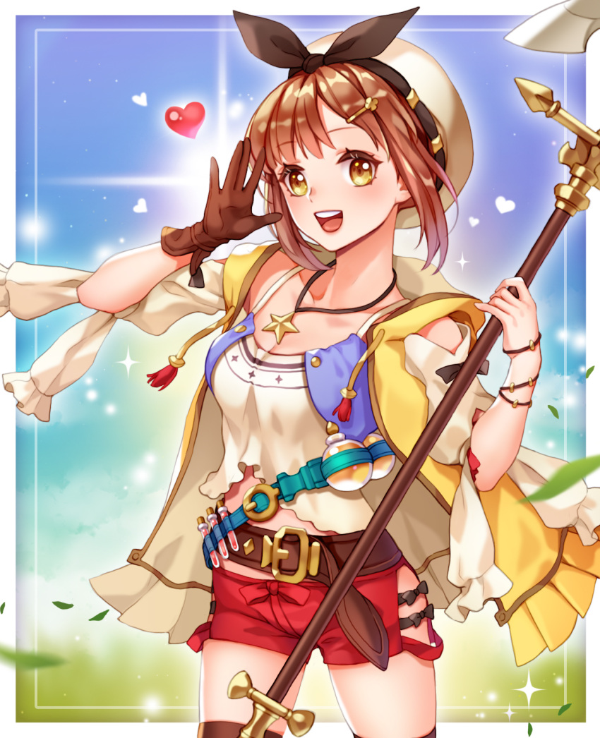 1girl :d arms_up atelier_(series) atelier_ryza bandolier bangs belt belt_buckle blue_sky blurry bracelet breasts brown_gloves brown_hair brown_legwear buckle cloak commentary_request contrapposto cowboy_shot crop_top day depth_of_field detached_sleeves eyebrows_visible_through_hair gloves hair_ornament hairclip hat hat_ribbon heart highres hip_vent holding holding_staff hood hood_down jewelry kostop leaf necklace open_cloak open_clothes open_hand open_mouth outdoors red_shorts reisalin_stout ribbon shirt short_hair short_shorts shorts sky small_breasts smile solo staff star star_necklace sun test_tube thigh-highs upper_teeth white_headwear white_shirt yellow_cloak yellow_eyes