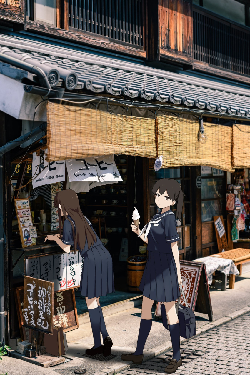 2girls akagi_(kantai_collection) alternate_costume bangs breasts brown_hair day food full_body highres holding holding_food ice_cream ice_cream_cone kaga_(kantai_collection) kantai_collection leaning_forward loafers long_hair multiple_girls ningen_(ningen96) outdoors photo_background pleated_skirt ponytail sailor_collar school_uniform serafuku shoes short_sleeves side_ponytail skirt socks standing white_neckwear