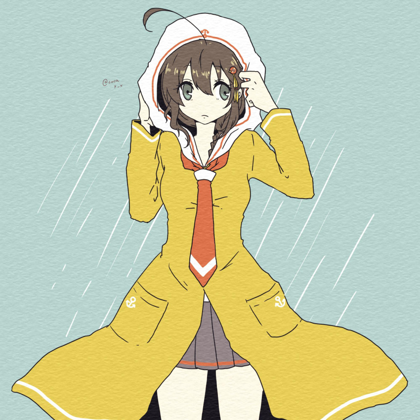 1girl ahoge black_serafuku black_skirt blue_background blue_eyes braid brown_hair cocax_x commentary_request cowboy_shot hair_ornament hair_over_shoulder highres hooded_coat kantai_collection looking_to_the_side necktie rain raincoat red_neckwear remodel_(kantai_collection) school_uniform serafuku shigure_(kantai_collection) single_braid skirt solo twitter_username