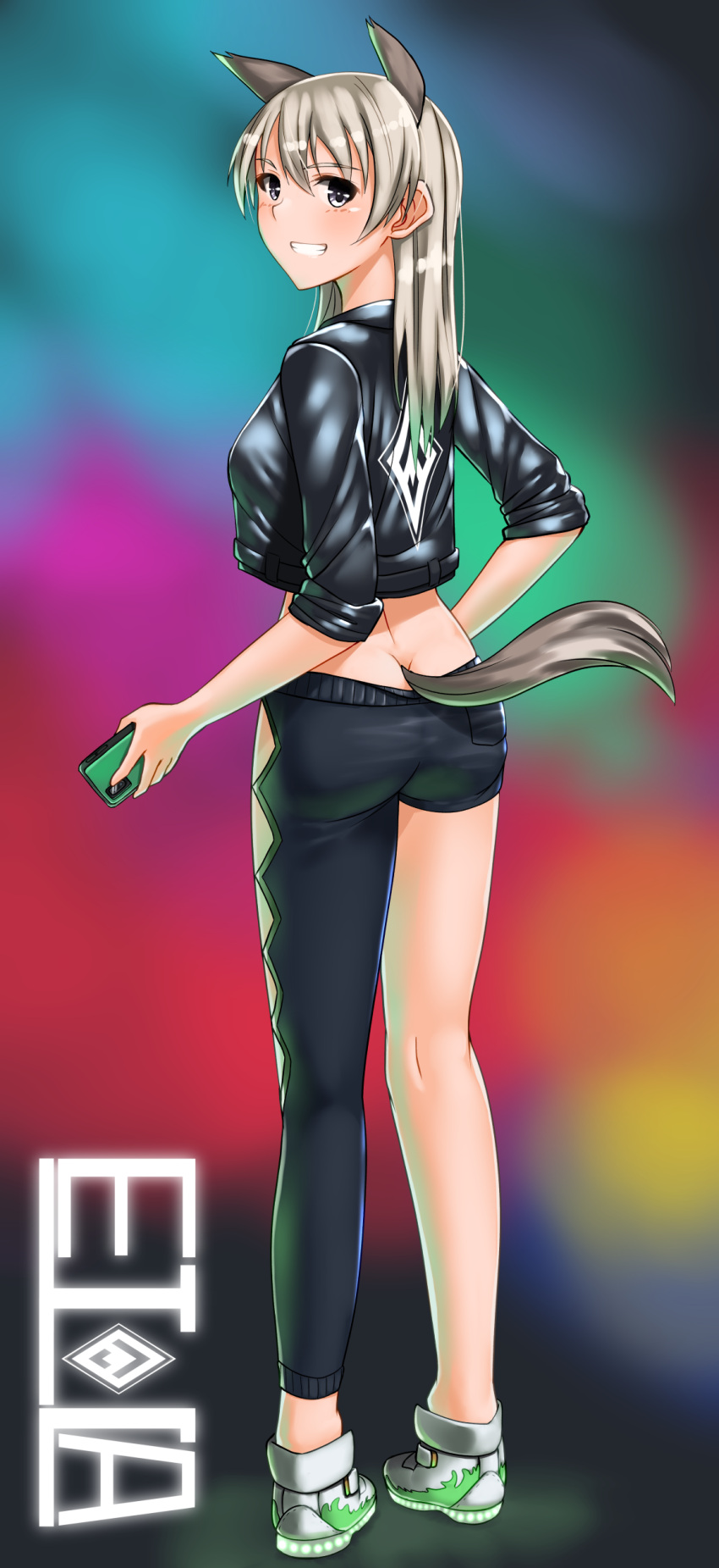 1girl absurdres animal_ears ass blue_eyes blush butt_crack cellphone eila_ilmatar_juutilainen fox_ears fox_tail grin highres hiroshi_(hunter-of-kct) jacket leather leather_jacket leather_pants long_hair looking_at_viewer looking_back pants phone shiny shiny_clothes shiny_hair smile solo strike_witches tail teeth white_hair world_witches_series