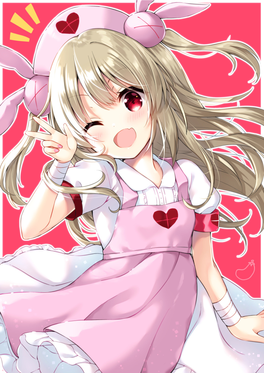 &gt;_&lt; 1girl ;d apron armband bandaged_arm bandages bangs blush brown_hair bunny_hair_ornament collared_shirt commentary_request eyebrows_visible_through_hair fang fingernails frilled_shirt frilled_skirt frills hair_ornament hand_up hat head_tilt highres long_hair nail_polish natori_sana notice_lines nurse_cap one_eye_closed open_mouth outline pink_apron pink_headwear pink_nails pleated_skirt puffy_short_sleeves puffy_sleeves red_background red_eyes sana_channel shirt short_sleeves skirt smile solo two-tone_background two_side_up uchuuneko v very_long_hair virtual_youtuber white_background white_outline white_shirt white_skirt