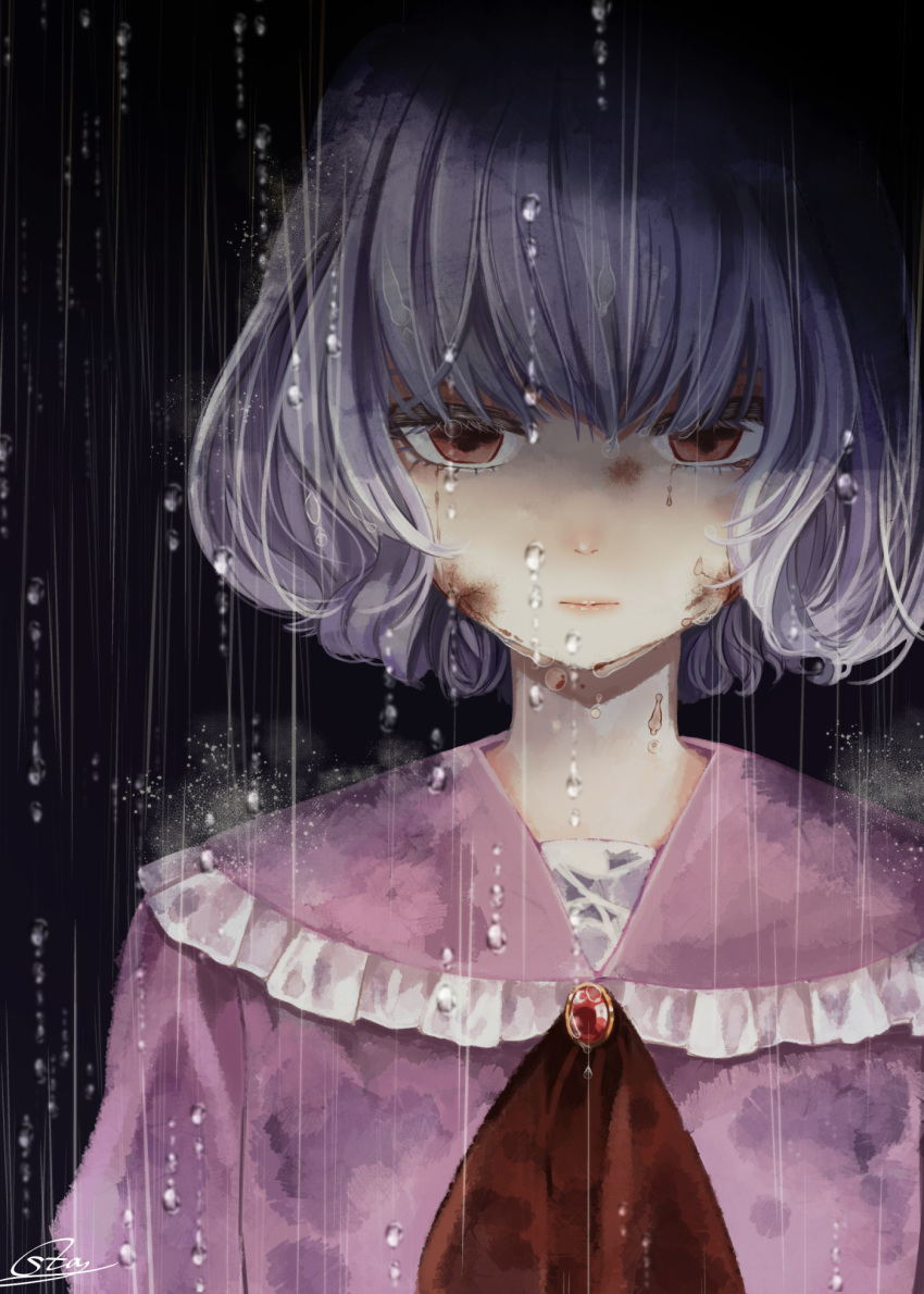 1girl ascot bangs black_background blue_hair brooch commentary_request dress frilled_shirt_collar frills highres jewelry looking_at_viewer no_hat no_headwear pink_dress rain red_eyes red_neckwear remilia_scarlet short_hair signature solo souta_(karasu_no_ouchi) touhou upper_body wet