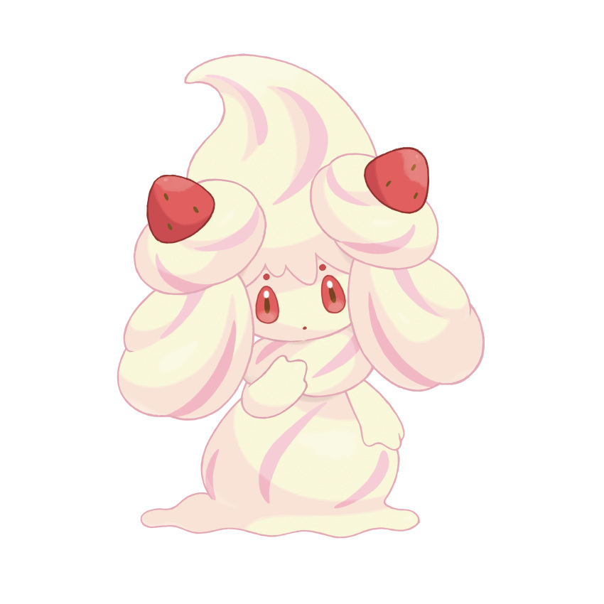 absurdres alcremie artist_request brown_eyes creatures_(company) food fruit full_body game_freak gen_8_pokemon hand_up highres looking_at_viewer nintendo no_humans official_art open_mouth outline pokemon pokemon_(creature) pokemon_(game) pokemon_swsh red_sclera solo standing strawberry transparent_background white_outline