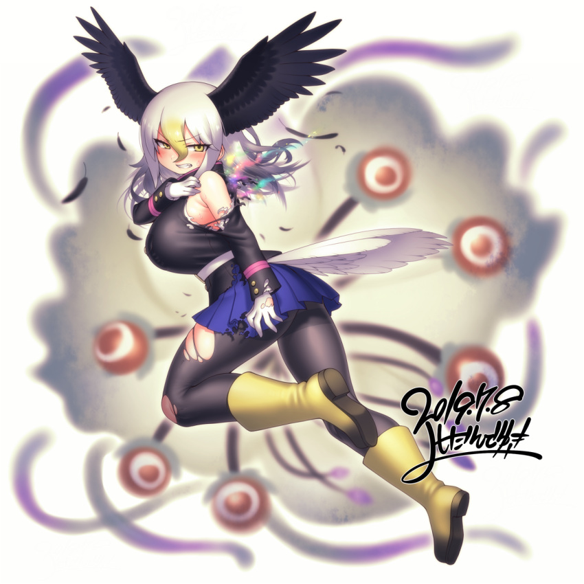 1girl bald_eagle_(kemono_friends) bangs belt bird_tail bird_wings black_jacket black_legwear black_wings blonde_hair blue_skirt boots breasts clenched_teeth commentary dated eyebrows_visible_through_hair eyes_visible_through_hair feathered_wings feathers full_body gloves gradient_hair hair_between_eyes head_wings highres jacket kemono_friends large_breasts long_hair long_sleeves looking_at_viewer multicolored_hair pantyhose pleated_skirt signature skirt solo sweat teeth torn_clothes torn_gloves torn_legwear torn_skirt v-shaped_eyebrows white_belt white_gloves white_hair wings yellow_eyes yellow_footwear yoshida_hideyuki