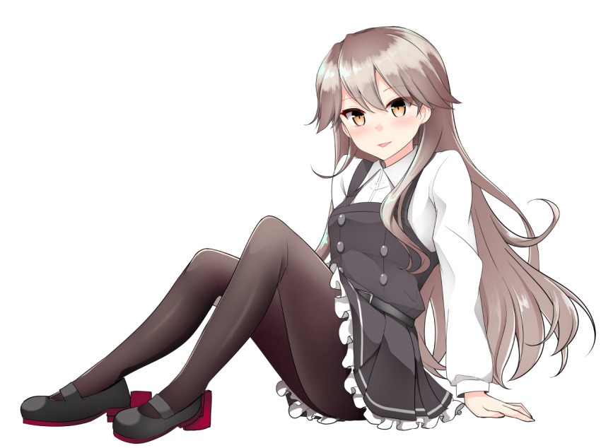 1girl arashio_(kantai_collection) bangs black_dress black_footwear blush breasts brown_eyes brown_hair brown_legwear collared_shirt dress dress_shirt eyebrows_visible_through_hair frilled_dress frills full_body hair_between_eyes kantai_collection kirigakure_(kirigakure_tantei_jimusho) knees_up long_hair pantyhose parted_lips remodel_(kantai_collection) rudder_footwear school_uniform shirt shoes simple_background sleeveless sleeveless_dress small_breasts smile solo very_long_hair white_background white_shirt