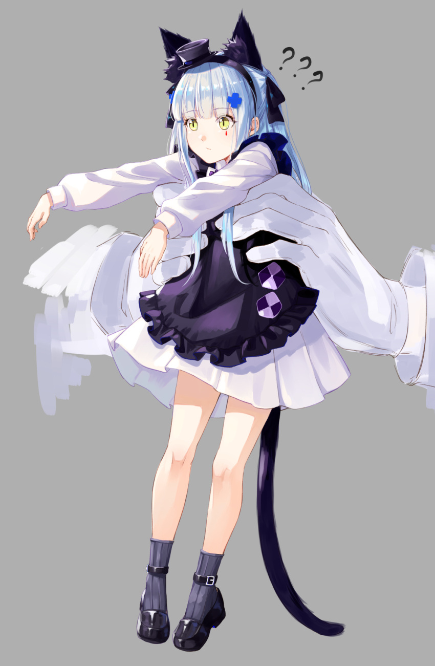 ? alternate_costume animal_ears apron bangs black_apron black_footwear black_legwear cat_ears cat_tail closed_mouth commentary_request dress eyebrows_visible_through_hair facial_mark fake_animal_ears girls_frontline green_eyes grey_background hair_ornament hairband hat highres hk416_(girls_frontline) long_hair long_sleeves mini_hat minigirl shijiuqaq silver_hair simple_background socks tail white_dress