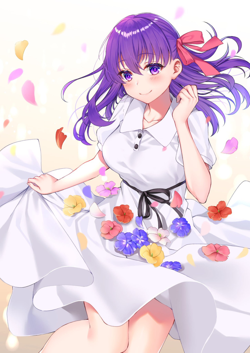1girl black_ribbon blush breasts collared_dress commentary_request dress fate/stay_night fate_(series) flower hair_ribbon heaven's_feel highres hizuki_higure long_hair looking_at_viewer matou_sakura medium_breasts petals purple_hair rei_no_himo ribbon simple_background skirt_basket skirt_hold smile solo violet_eyes white_dress