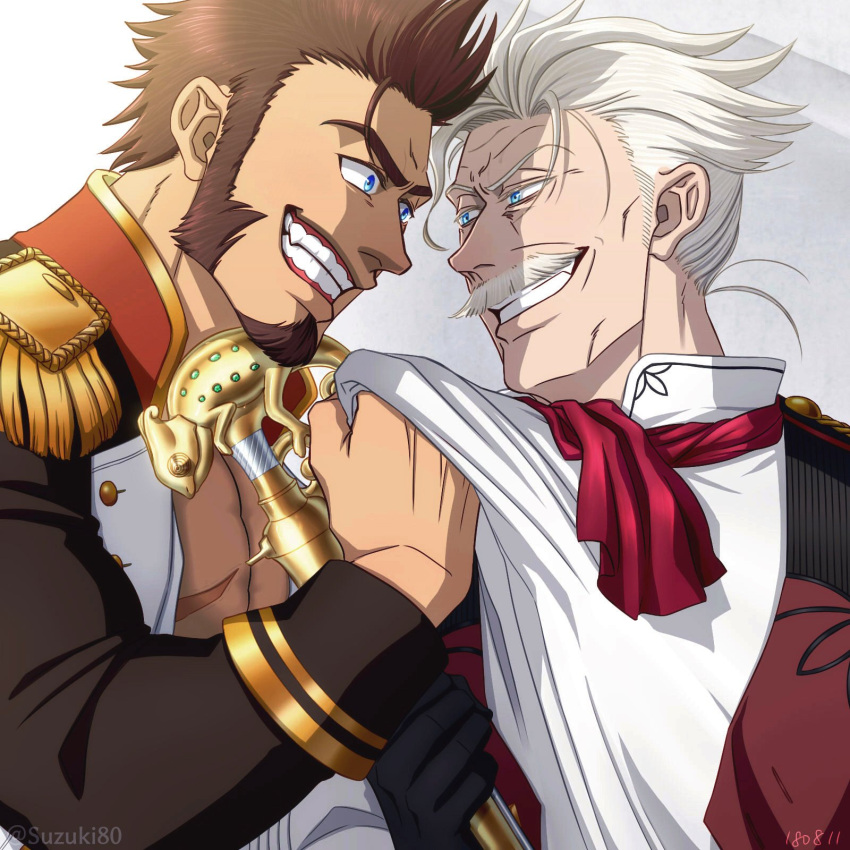 1boy 2boys beard blue_eyes brown_hair chest commentary_request epaulettes facial_hair fate/grand_order fate_(series) fighting_stance gloves grey_hair highres james_moriarty_(fate/grand_order) long_sleeves male_focus military military_uniform multiple_boys muscle mustache napoleon_bonaparte_(fate/grand_order) pectorals scar simple_background smile staff suzuki80 teeth uniform vest