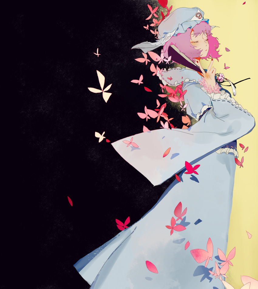 1girl absurdres black_background blue_headwear blue_kimono bug butterfly closed_eyes cowboy_shot eyebrows_visible_through_hair fan folding_fan hat highres insect japanese_clothes kimono leah_(artist) long_sleeves mob_cap obi parted_lips petals pink_hair red_nails saigyouji_yuyuko sash short_hair solo touhou triangular_headpiece two-tone_background wide_sleeves yellow_background