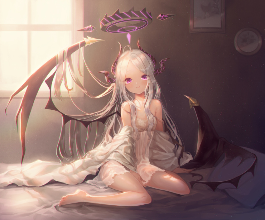 1girl bangs bare_shoulders barefoot black_wings blue_archive closed_mouth commentary_request curled_horns day dress halo highres hina_(blue_archive) horns indoors long_hair looking_at_viewer multiple_horns nishiki_koi on_bed parted_bangs pillow revision silver_hair sitting sleeveless sleeveless_dress smile solo strap_slip sunlight very_long_hair violet_eyes wariza white_dress window wings