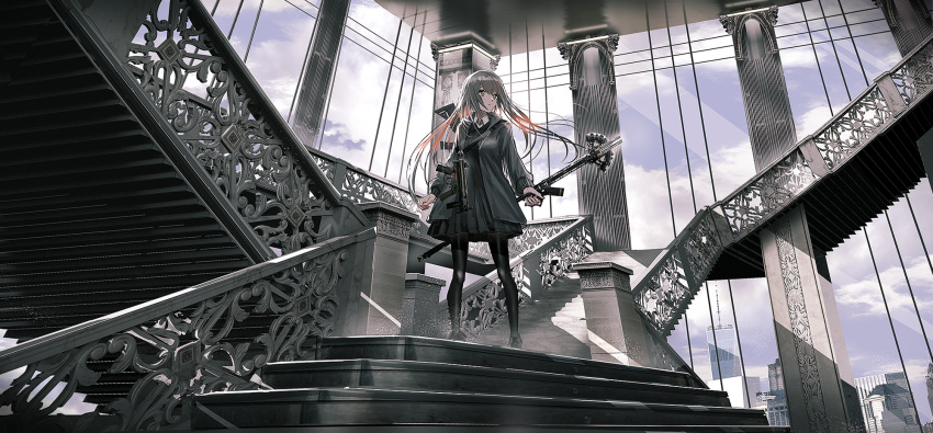 1girl black_dress black_footwear black_jacket black_legwear blue_sky brown_hair building clouds cloudy_sky commentary day dress grey_eyes grey_hair h&amp;k_ump9 highres holding holding_weapon indoors jacket long_hair looking_away multicolored_hair original pantyhose pleated_dress railing scenery shoes sky skyscraper solo stairs standing swav two-tone_hair very_long_hair weapon weapon_on_back weapon_request window
