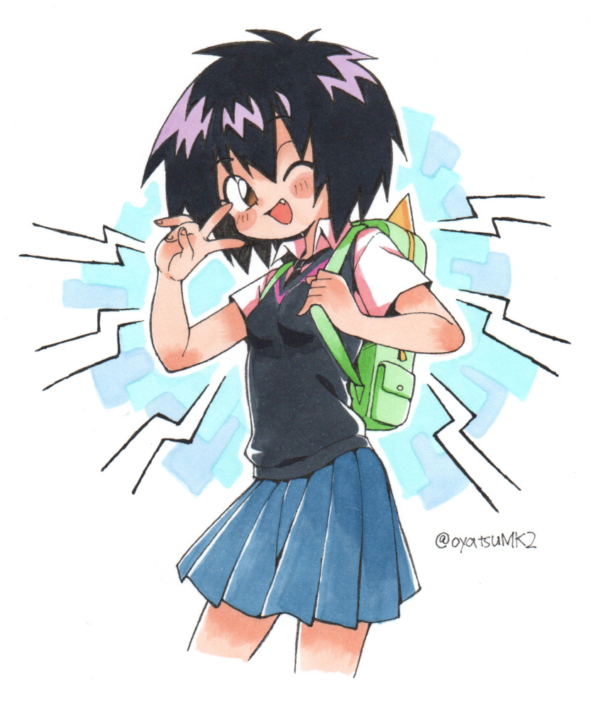 1girl ;d bag black_hair blush brown_eyes cropped_legs fang highres looking_at_viewer one_eye_closed open_mouth oyatsu_(mk2) peni_parker school_uniform short_hair short_sleeves skirt smile solo spider-man:_into_the_spider-verse spider-man_(series) v