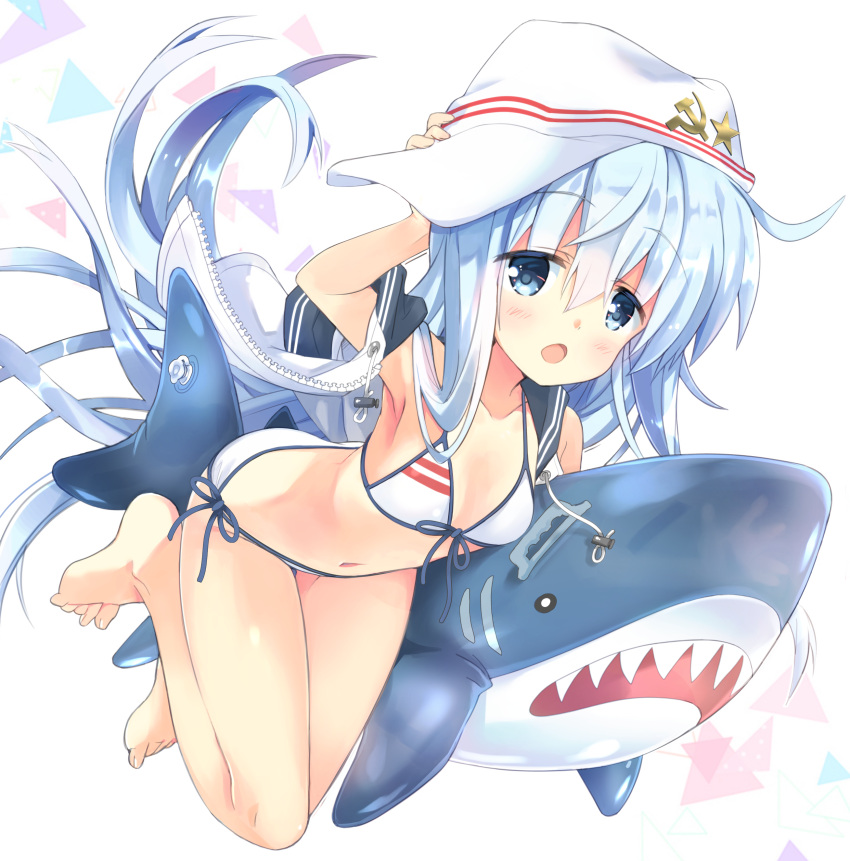 1girl absurdres armpits barefoot bikini blue_eyes collarbone commentary_request flat_cap flat_chest full_body hammer_and_sickle hat hibiki_(kantai_collection) highres hizuki_yayoi hood hooded_vest hoodie inflatable_shark inflatable_toy kantai_collection looking_at_viewer navel open_mouth shark side-tie_bikini silver_hair simple_background solo swimsuit verniy_(kantai_collection) vest white_background white_bikini white_headwear white_vest
