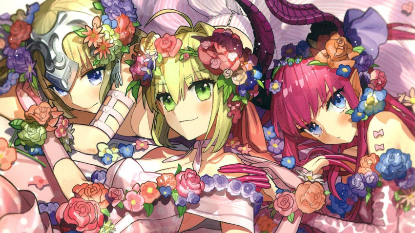 3girls alternate_costume asymmetrical_horns blonde_hair blue_eyes blush breasts dress elizabeth_bathory_(fate) elizabeth_bathory_(fate)_(all) fate/extella fate/extra fate_(series) flower green_eyes horns jeanne_d'arc_(fate) jeanne_d'arc_(fate)_(all) large_breasts looking_at_viewer looking_up lying multiple_girls nero_claudius_(fate) nero_claudius_(fate)_(all) official_art on_back pink_hair pointy_ears rose smile wada_aruko