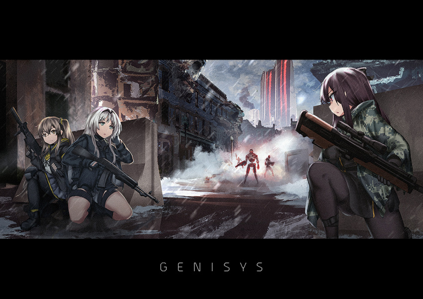 3girls an-94 an-94_(girls_frontline) android assault_rifle brown_hair bullpup camouflage camouflage_jacket city commentary cyborg english_commentary girls_frontline gloves gun heckler_&amp;_koch jacket kneeling letter letterboxed long_hair military_operator multiple_girls ne pantyhose persocon93 purple_hair rifle ruins scope side_ponytail silver_hair sniper_rifle submachine_gun suppressor ump45_(girls_frontline) wa2000_(girls_frontline) walther walther_wa_2000 weapon