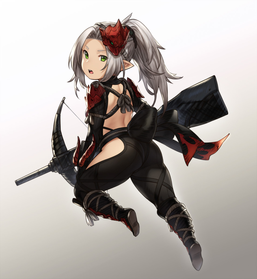 1girl backless_outfit black_sash boots bow_(weapon) crossbow from_behind full_body gradient gradient_background green_eyes grey_background grey_hair hair_intakes highres hip_vent houtengeki long_hair looking_at_viewer looking_back mask mask_on_head monster_hunter monster_hunter:_world odogaron_(armor) open_mouth petite ponytail sash shoulder_blades simple_background solo v-shaped_eyebrows weapon