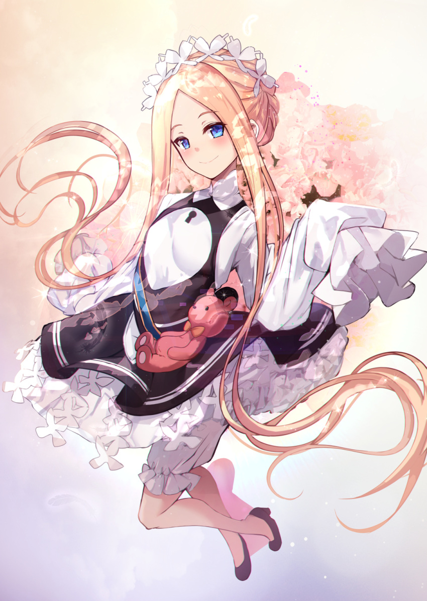 1girl abigail_williams_(fate/grand_order) bangs black_skirt blonde_hair blue_eyes blush breasts closed_mouth commentary dress fate/grand_order fate_(series) forehead heroic_spirit_chaldea_park_outfit highres keyhole long_hair long_sleeves looking_at_viewer maid_headdress parted_bangs skirt sleeves_past_fingers sleeves_past_wrists small_breasts smile solo stuffed_animal stuffed_toy teddy_bear untsue very_long_hair white_dress