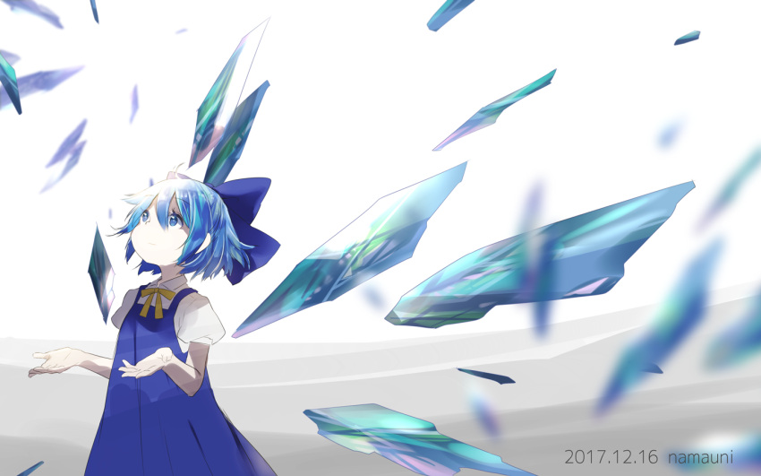 1girl artist_name bangs blue_bow blue_dress blue_eyes blue_hair bow cirno commentary_request cowboy_shot dated dress eyebrows_visible_through_hair hair_between_eyes hair_bow ice ice_wings looking_up namauni neck_ribbon pinafore_dress puffy_short_sleeves puffy_sleeves ribbon shirt short_hair short_sleeves sidelocks solo standing touhou white_background white_shirt wings yellow_neckwear yellow_ribbon