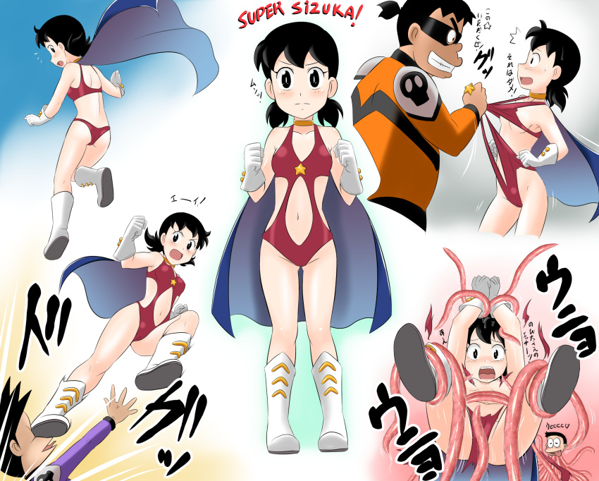 1boy 1girl black_hair blush breasts closed_mouth commentary_request doraemon groin highres kakkii looking_at_viewer minamoto_shizuka multiple_boys navel nobi_nobita open_mouth short_hair smile tentacles torn_clothes twintails