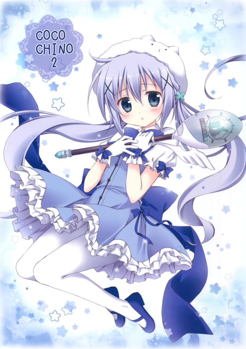 1girl absurdres adapted_costume animal_hat bangs blue_bow blue_dress blue_eyes blue_footwear blue_neckwear blush bow bowtie bunny_hat character_hat collared_shirt dress eyebrows_visible_through_hair flat_chest frilled_dress frills full_body gloves gochuumon_wa_usagi_desu_ka? hair_between_eyes hair_ornament hairclip hat highres holding holding_staff jumping kafuu_chino korie_riko light_blue_hair long_hair looking_at_viewer magical_girl mary_janes pantyhose parted_lips puffy_short_sleeves puffy_sleeves scan shirt shoes short_sleeves sidelocks solo spoon staff star tippy_(gochiusa) twintails two-tone_background undershirt very_long_hair white_gloves white_headwear white_legwear white_shirt wing_collar x_hair_ornament