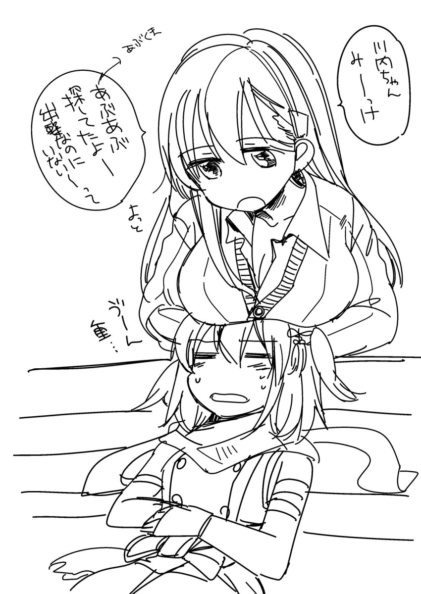 breast_rest breasts breasts_on_head double-breasted elbow_gloves fingerless_gloves gloves hair_ornament hairclip highres kantai_collection long_hair monochrome neckerchief remodel_(kantai_collection) sanpachishiki_(gyokusai-jima) school_uniform sendai_(kantai_collection) sketch suzuya_(kantai_collection) translation_request two_side_up