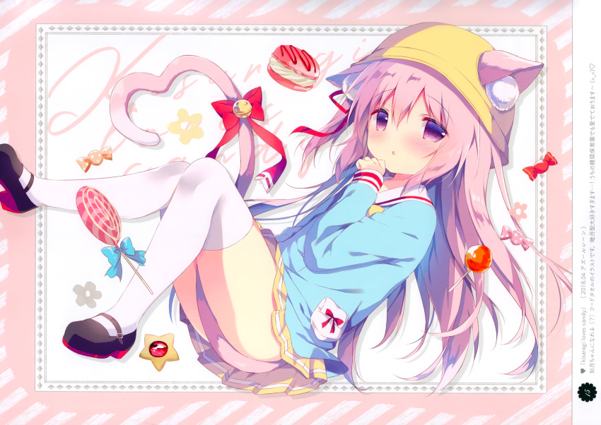 1girl absurdres animal_ears artist_name azur_lane bell between_legs black_footwear blue_bow blue_shirt blush bow candy candy_wrapper cat_ears cat_girl cat_tail cookie ears_through_headwear food hair_ribbon hat heart heart_tail highres jingle_bell kindergarten_uniform kisaragi_(azur_lane) lollipop long_hair long_sleeves looking_at_viewer mary_janes one_side_up parted_lips pink_hair pleated_skirt red_bow red_ribbon ribbon scan school_hat shiratama_(shiratamaco) shirt shoes skirt solo star swirl_lollipop tail tail_bell tail_between_legs tail_bow thigh-highs very_long_hair violet_eyes white_legwear yellow_headwear yellow_skirt