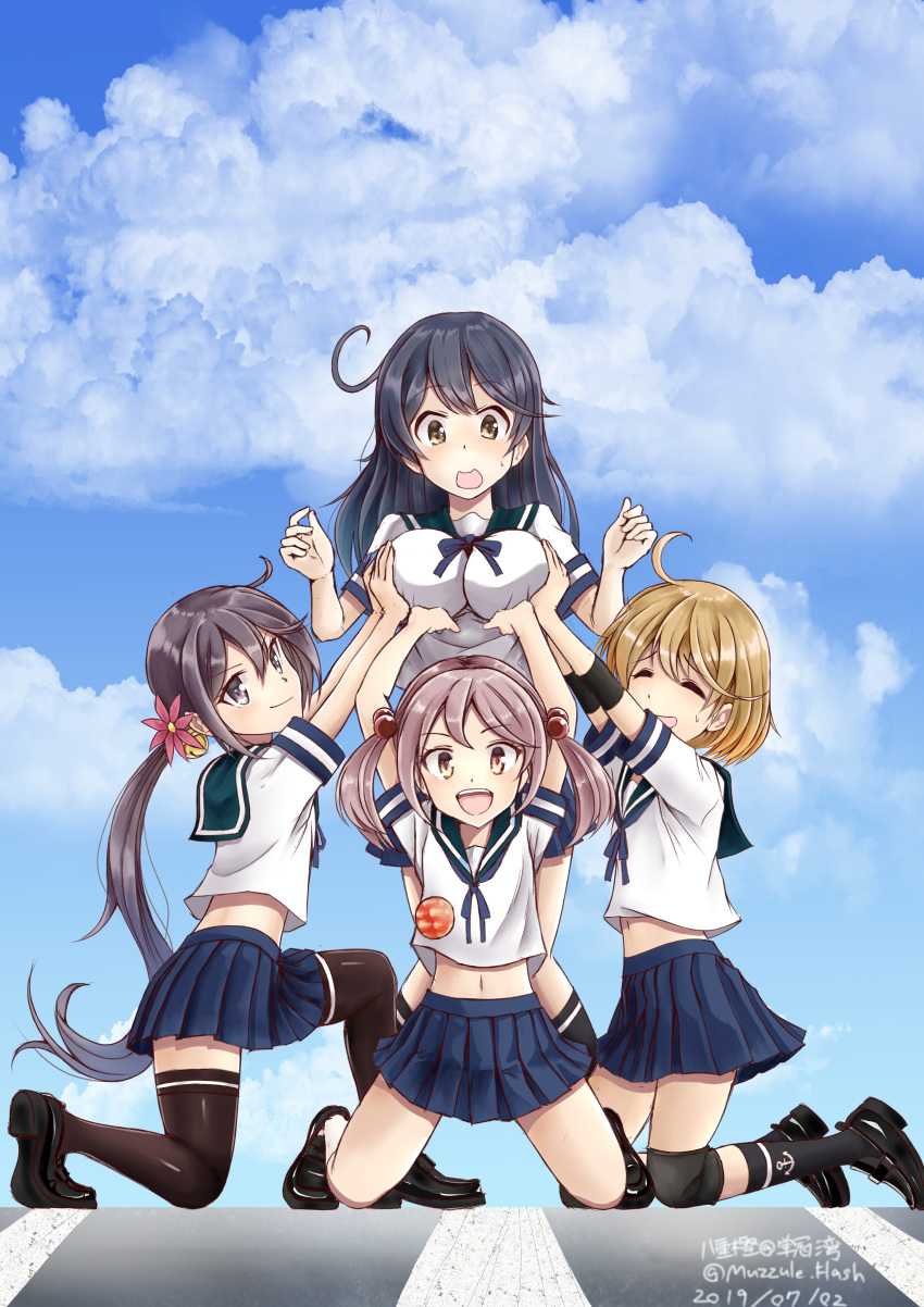4girls :d absurdres ahoge akebono_(kantai_collection) badge bell black_footwear black_hair black_legwear blue_skirt blue_sky breast_lift breasts brown_hair closed_eyes commentary_request dated day flower hair_bell hair_bobbles hair_flower hair_ornament highres jingle_bell kantai_collection knee_pads kneehighs large_breasts loafers long_hair looking_at_viewer midriff multiple_girls muzzuleflash navel oboro_(kantai_collection) open_mouth pink_eyes pink_hair pleated_skirt purple_hair sazanami_(kantai_collection) school_uniform serafuku shoes short_hair short_sleeves side_ponytail skirt sky smile thigh-highs twintails twitter_username ushio_(kantai_collection) very_long_hair violet_eyes yellow_eyes