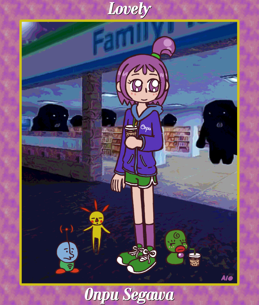 alternate_costume ancodia10 artist_name border bubble_tea convenience_store flat_chest gym_shorts highres hood hoodie majo_rika monogram ojamajo_doremi patterned_background purple_hair segawa_onpu shoes shop shorts sneakers title violet_eyes