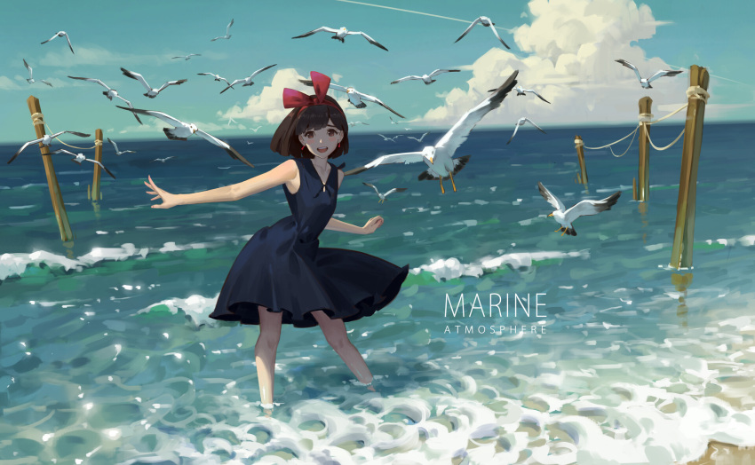 1girl beach bird blue_dress bow breasts brown_eyes brown_hair clouds cloudy_sky commentary_request day dress hair_bow hair_ribbon highres kiki majo_no_takkyuubin ocean open_mouth outdoors pole red_ribbon ribbon rope seagull short_hair sky sleeveless sleeveless_dress small_breasts solo title wading waves yushengxue