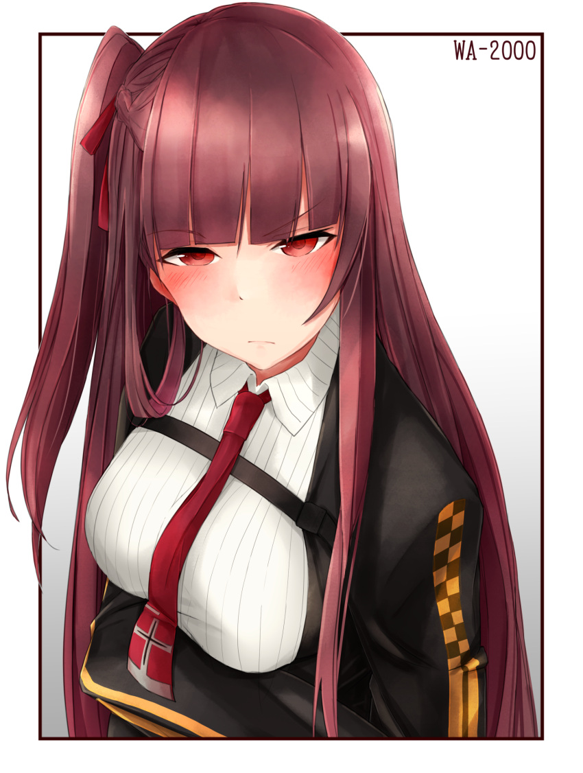 1girl absurdres bangs black_jacket blazer blunt_bangs blush breasts character_name closed_mouth collared_shirt eyebrows_visible_through_hair girls_frontline hair_ribbon highres jacket kumanoko necktie one_side_up purple_hair red_eyes red_neckwear red_ribbon ribbon shirt simple_background solo upper_body wa2000_(girls_frontline) white_background