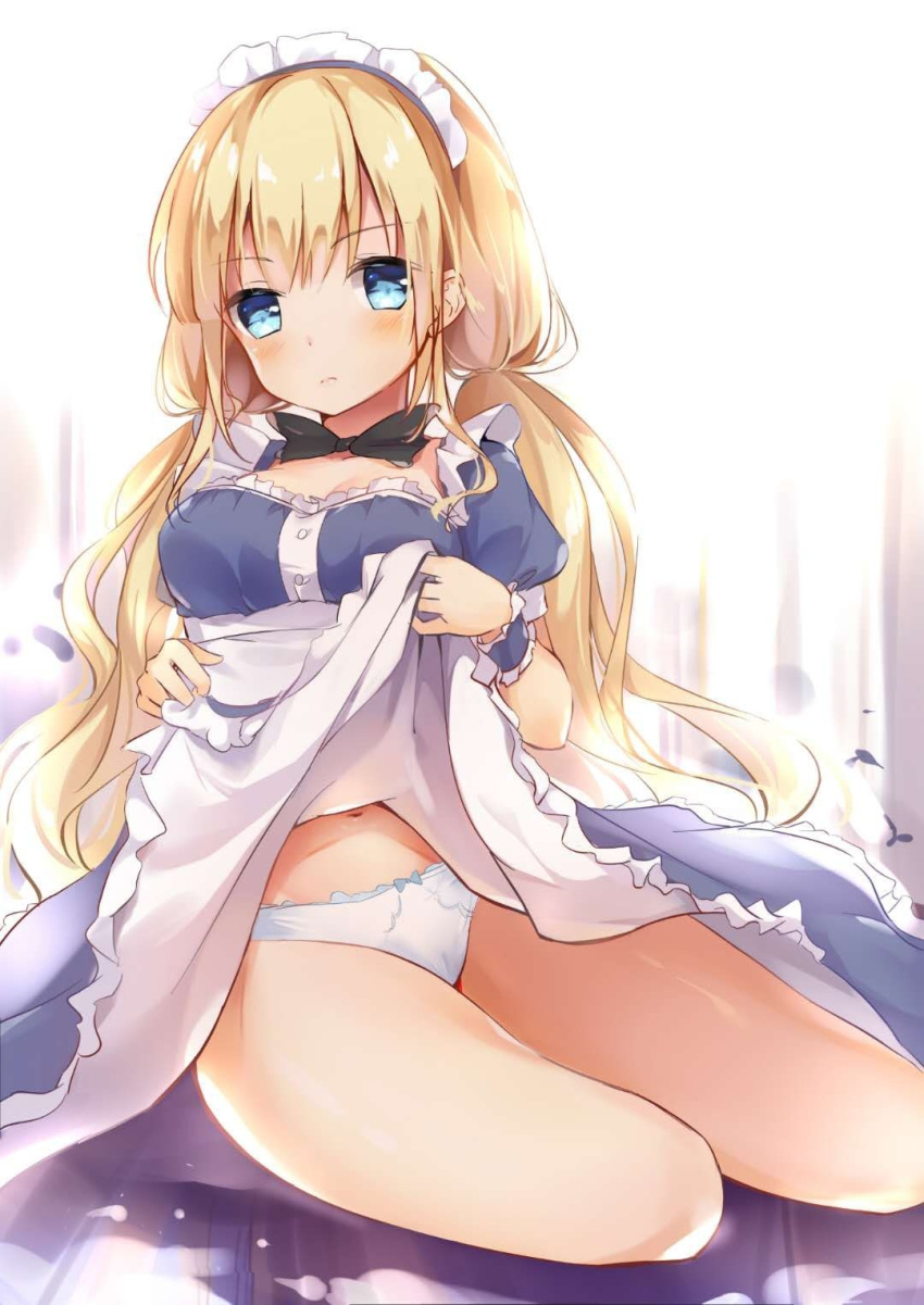 1girl bangs black_neckwear blonde_hair blue_dress blue_eyes blurry blurry_background blush bow bow_panties bowtie breasts cannian_dada closed_mouth collarbone commentary_request copyright_request depth_of_field dress dress_lift eyebrows_visible_through_hair highres lifted_by_self long_hair low_twintails maid maid_headdress medium_breasts panties puffy_short_sleeves puffy_sleeves short_sleeves sitting solo twintails underwear very_long_hair white_panties yokozuwari