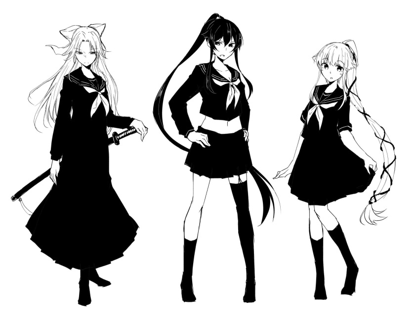 3girls :d alternate_costume asymmetrical_legwear eyebrows_visible_through_hair full_body greyscale hair_ribbon highres jintsuu_(kantai_collection) kantai_collection katana kneehighs long_hair long_skirt looking_at_viewer midriff monochrome multiple_girls navel neckerchief open_mouth ponytail ribbon rindou_(rindou_annon) school_uniform serafuku sheath sheathed simple_background single_thighhigh skirt smile sword thigh-highs very_long_hair weapon white_background yahagi_(kantai_collection) yura_(kantai_collection)