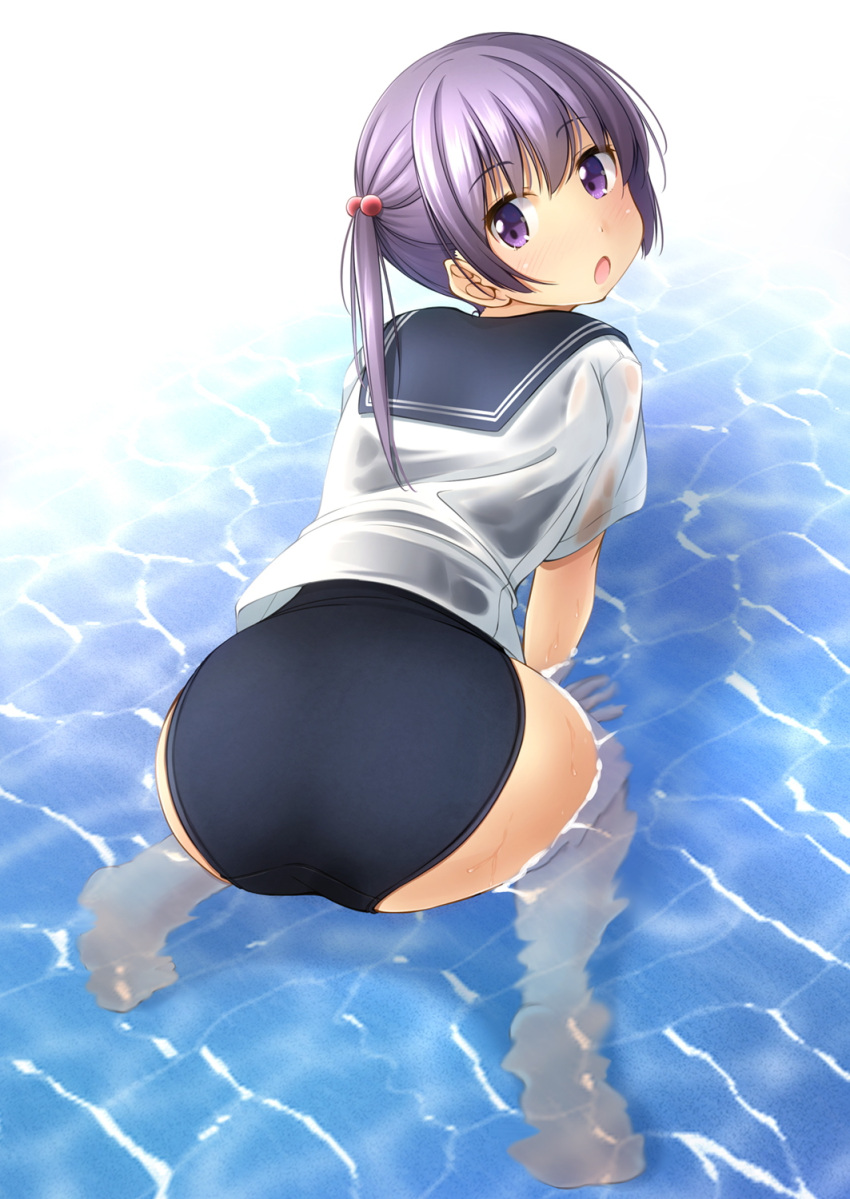 1girl all_fours ass bangs bare_legs barefoot black_swimsuit blue_sailor_collar blush commentary_request eyebrows_visible_through_hair hair_between_eyes hair_bobbles hair_ornament highres long_hair looking_at_viewer looking_back one-piece_swimsuit original purple_hair sailor_collar school_swimsuit school_uniform see-through serafuku shibacha shirt short_sleeves soles solo swimsuit swimsuit_under_clothes twintails violet_eyes water wet wet_clothes wet_shirt white_shirt