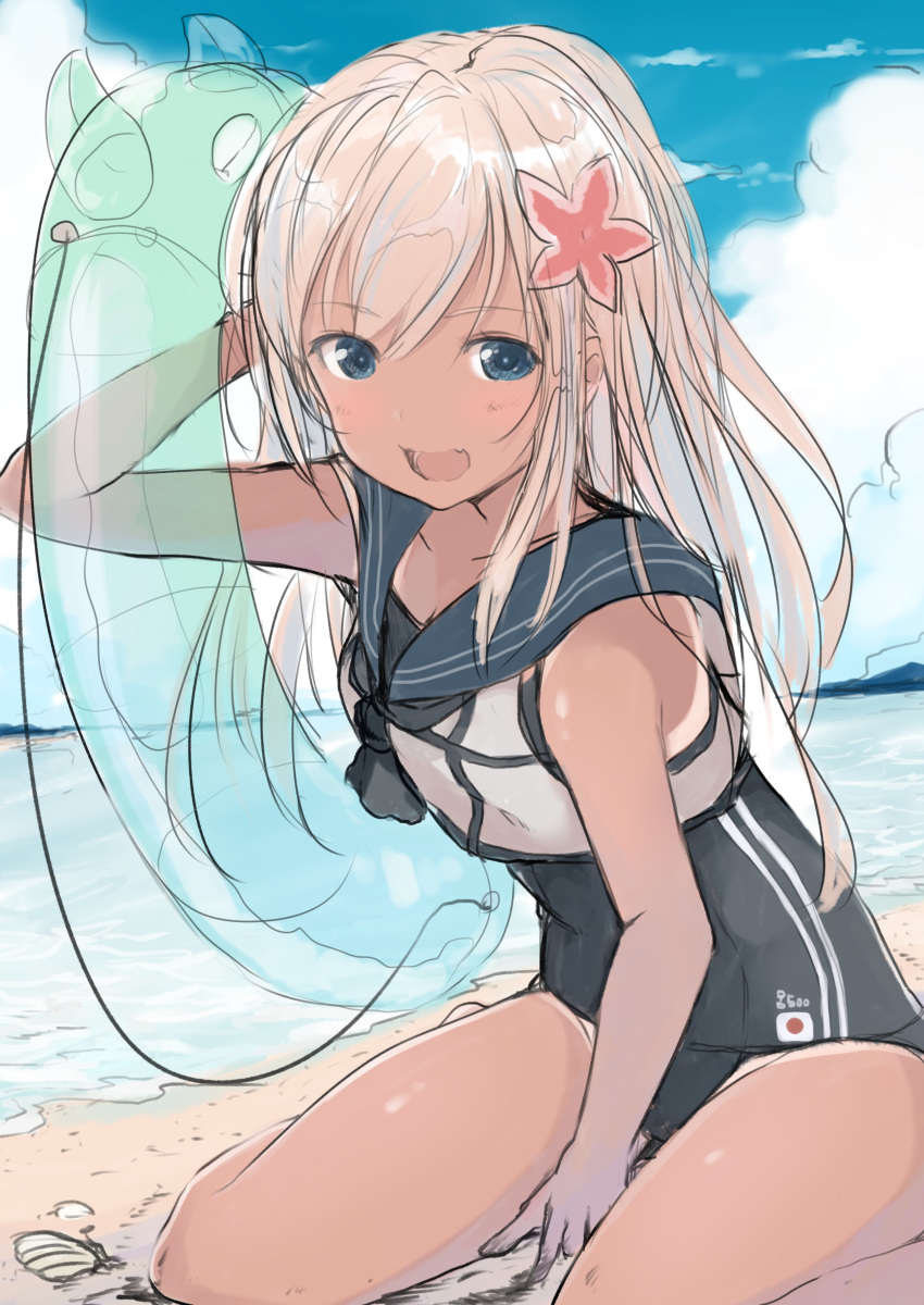 1girl absurdres arm_up bangs bare_shoulders beach blonde_hair blue_eyes blush collarbone commentary_request crop_top dyson_(edaokunnsaikouya) enemy_lifebuoy_(kantai_collection) eyebrows_visible_through_hair flower hair_between_eyes hair_flower hair_ornament highres holding holding_innertube innertube kantai_collection long_hair looking_at_viewer one-piece_swimsuit one-piece_tan open_mouth ro-500_(kantai_collection) sailor_collar sand school_swimsuit school_uniform serafuku shell sitting smile swimsuit swimsuit_under_clothes tan tanline wariza water