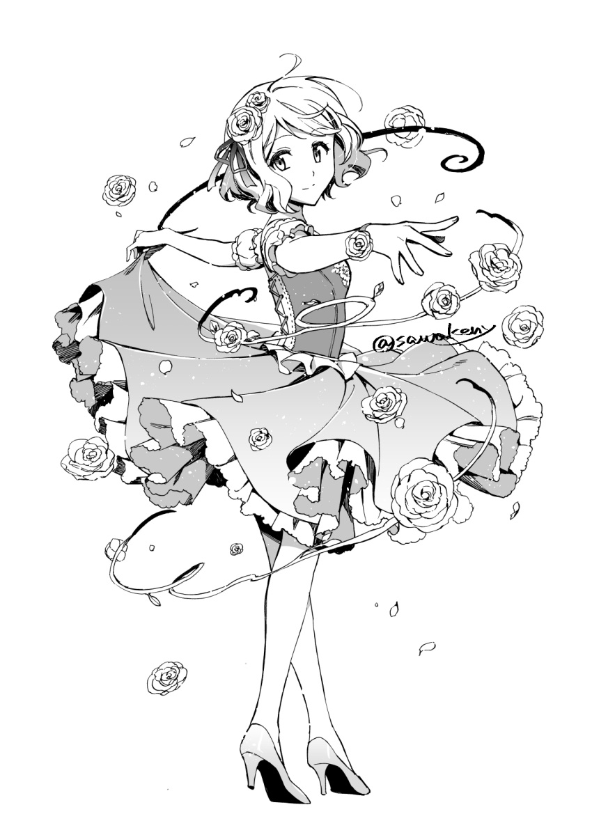 1girl bracelet closed_mouth dancing flower full_body greyscale hair_flower hair_ornament hair_ribbon high_heels highres jewelry kanimaru layered_skirt looking_at_viewer medium_skirt monochrome nib_pen_(medium) pokemon pokemon_(anime) pumps ribbon rose serena_(pokemon) short_hair skirt skirt_hold smile solo standing traditional_media