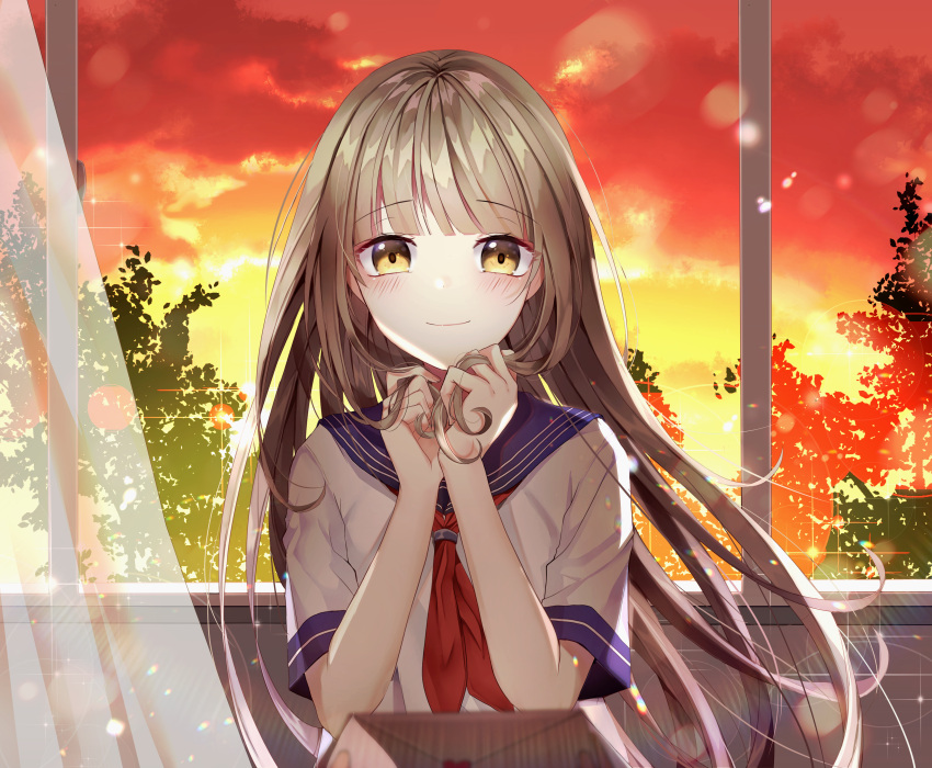 1girl absurdres bangs blue_sailor_collar blush brown_eyes brown_hair closed_mouth clouds curtains envelope eyebrows_visible_through_hair hands_up heart highres indoors long_hair looking_at_viewer love_letter miyo_(user_zdsp7735) neckerchief original out_of_frame playing_with_own_hair red_neckwear sailor_collar school_uniform serafuku shirt smile solo_focus sunset transparent upper_body very_long_hair white_shirt window