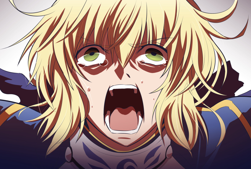 1girl artoria_pendragon_(all) blonde_hair braid emiya_kiritsugu eyebrows_visible_through_hair fate/grand_order fate/stay_night fate/zero fate_(series) fujitaka_nasu green_eyes hair_between_eyes highres open_mouth parody saber screaming short_hair simple_background solo sweat tearing_up upper_body white_background