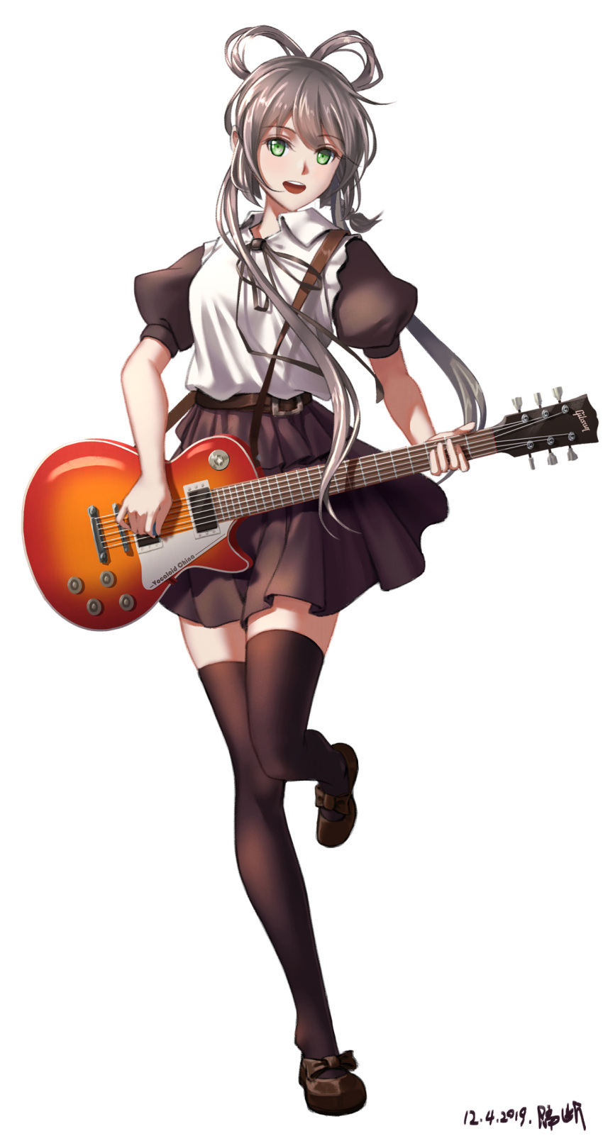 1girl :d bangs black_footwear black_legwear black_ribbon black_skirt black_sleeves brown_hair collared_shirt dated eyebrows_visible_through_hair floating_hair full_body geduan green_eyes guitar highres holding holding_instrument instrument loafers long_hair looking_at_viewer luo_tianyi miniskirt neck_ribbon open_mouth pleated_skirt ribbon shirt shoes short_sleeves simple_background skirt smile solo standing thigh-highs tied_hair very_long_hair vocaloid vocanese white_background white_shirt wing_collar zettai_ryouiki