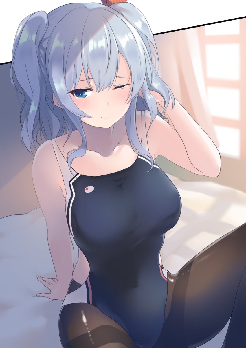 1girl absurdres arm_support bare_arms bare_shoulders black_swimsuit blue_eyes blue_hair breasts brown_legwear closed_mouth collarbone competition_swimsuit covered_navel dyson_(edaokunnsaikouya) hair_ribbon hand_up highres kantai_collection kashima_(kantai_collection) knee_up large_breasts long_hair looking_at_viewer one-piece_swimsuit one_eye_closed pantyhose ribbon sidelocks sitting smile solo swimsuit thighband_pantyhose two_side_up
