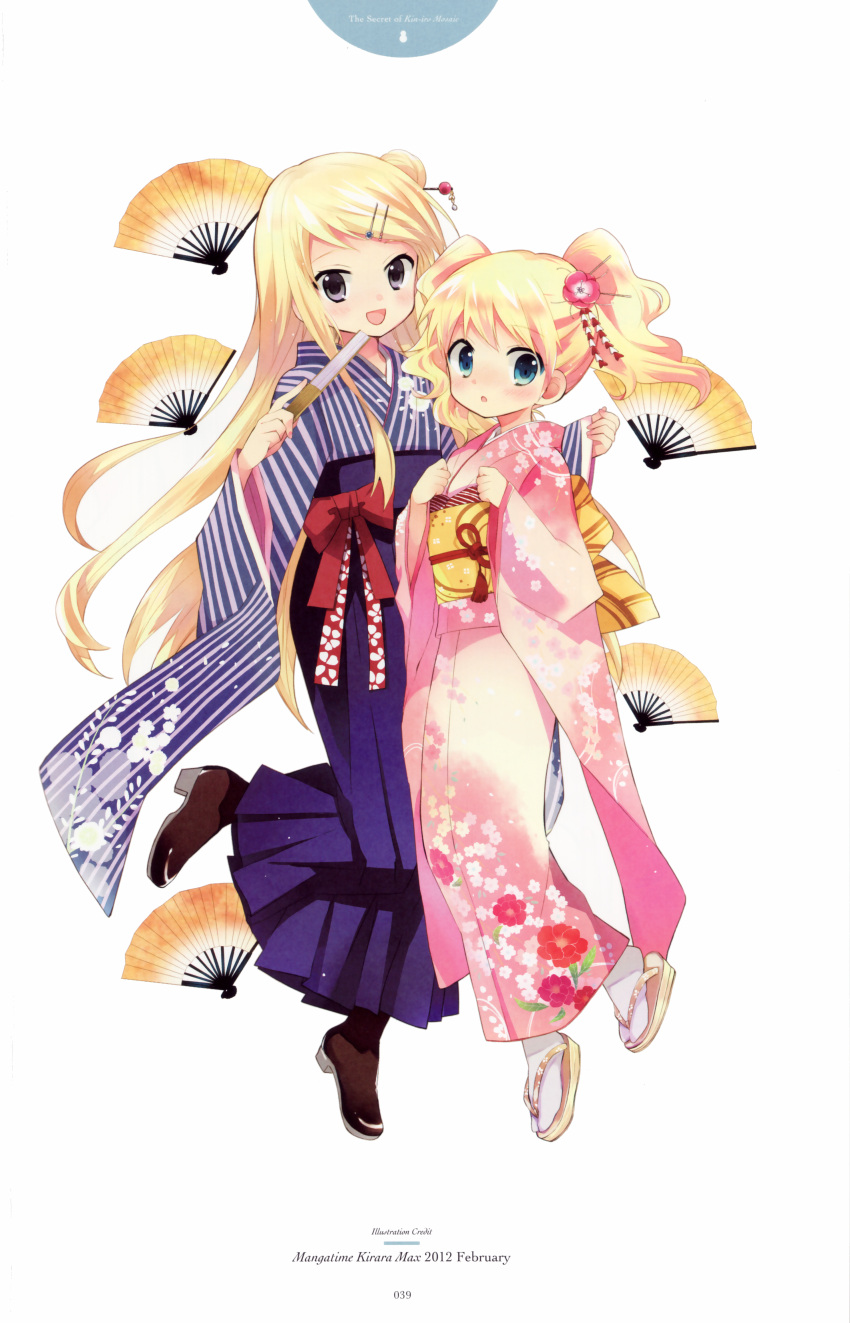 2girls :d :o absurdres alice_cartelet blonde_hair blue_eyes blush boots brown_footwear fan floral_print flower folding_fan full_body furisode hair_bun hair_flower hair_ornament hairclip hairpin hara_yui highres holding japanese_clothes kimono kin-iro_mosaic kujou_karen long_hair long_sleeves looking_at_viewer multiple_girls obi official_art open_mouth sandals sash scan smile twintails very_long_hair violet_eyes white_background