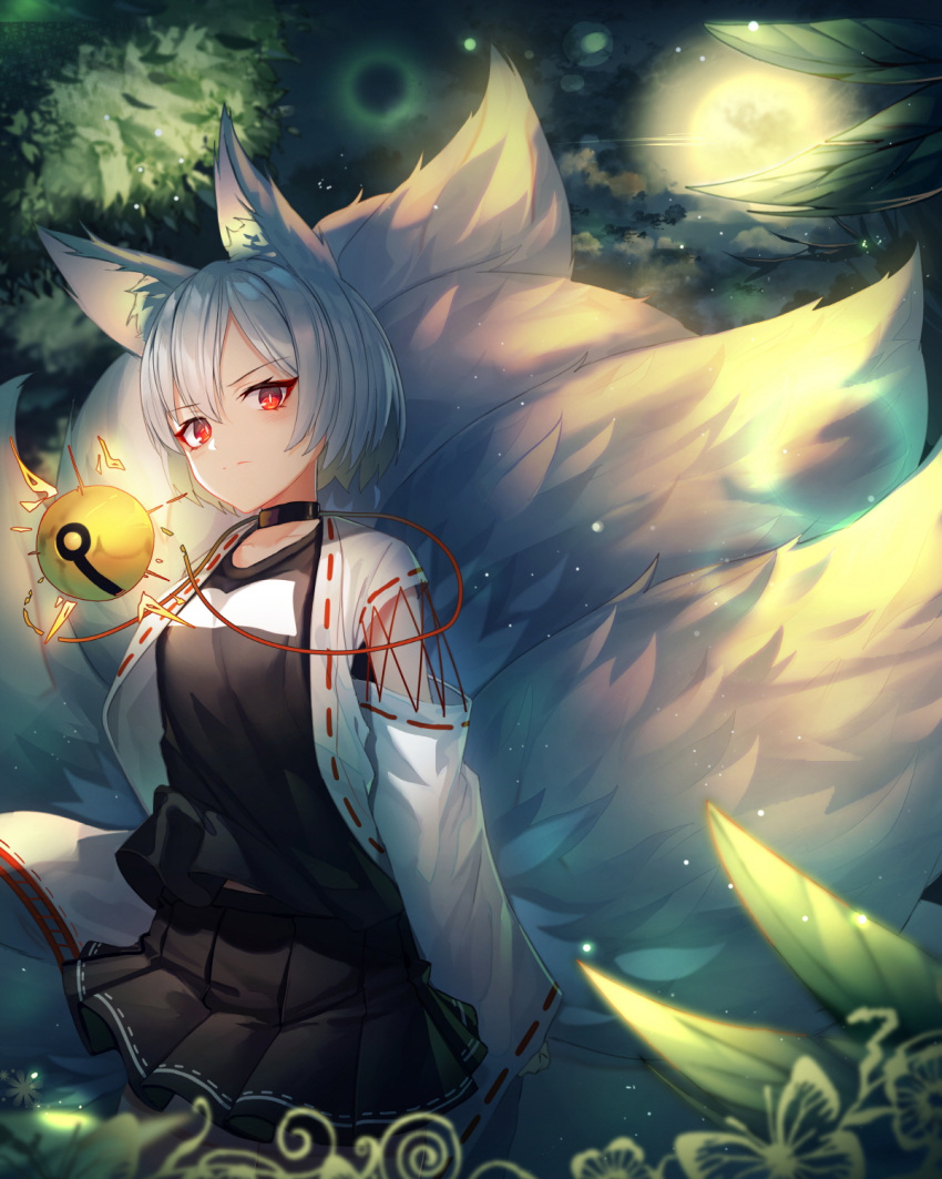 1girl animal_ear_fluff animal_ears bangs black_shirt black_skirt blurry blurry_foreground breasts closed_mouth collarbone depth_of_field eyebrows_visible_through_hair fox_ears fox_girl fox_tail hair_between_eyes highres kyuubi long_sleeves looking_at_viewer multiple_tails open_clothes original pleated_skirt red_eyes ribbon-trimmed_sleeves ribbon_trim shirt short_hair silver_hair skirt sleeves_past_wrists small_breasts solo sugar_(dndi888) tail v-shaped_eyebrows wide_sleeves