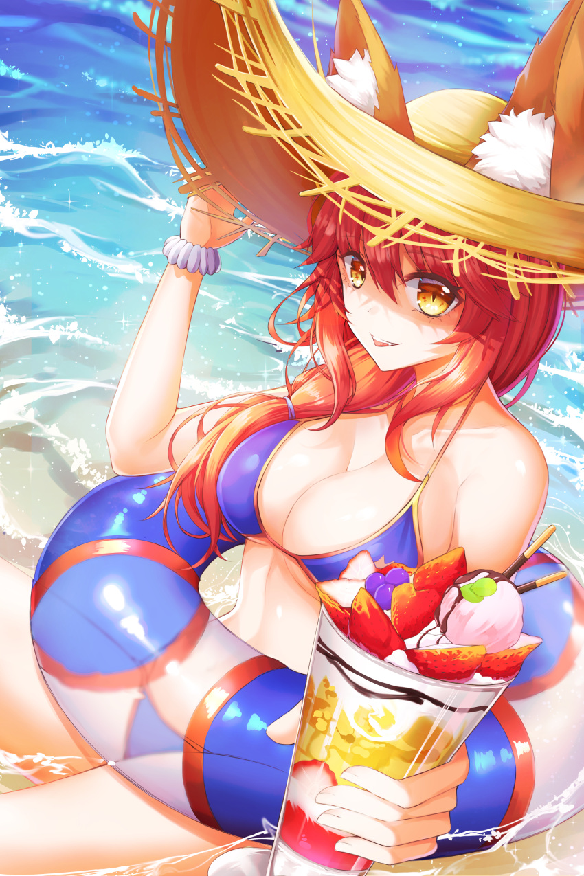 1girl absurdres animal_ear_fluff animal_ears beach bikini blue_bikini blush bow bracelet breasts ears_through_headwear eyebrows_visible_through_hair fate/grand_order fate_(series) food fox_ears fruit hand_on_headwear hat hat_bow highres holding hyangu ice_cream innertube jewelry large_breasts looking_at_viewer necklace outdoors pink_eyes redhead sand scrunchie smile solo strawberry summer sun_hat swimsuit tamamo_(fate)_(all) tamamo_no_mae_(swimsuit_lancer)_(fate) wrist_scrunchie yellow_eyes