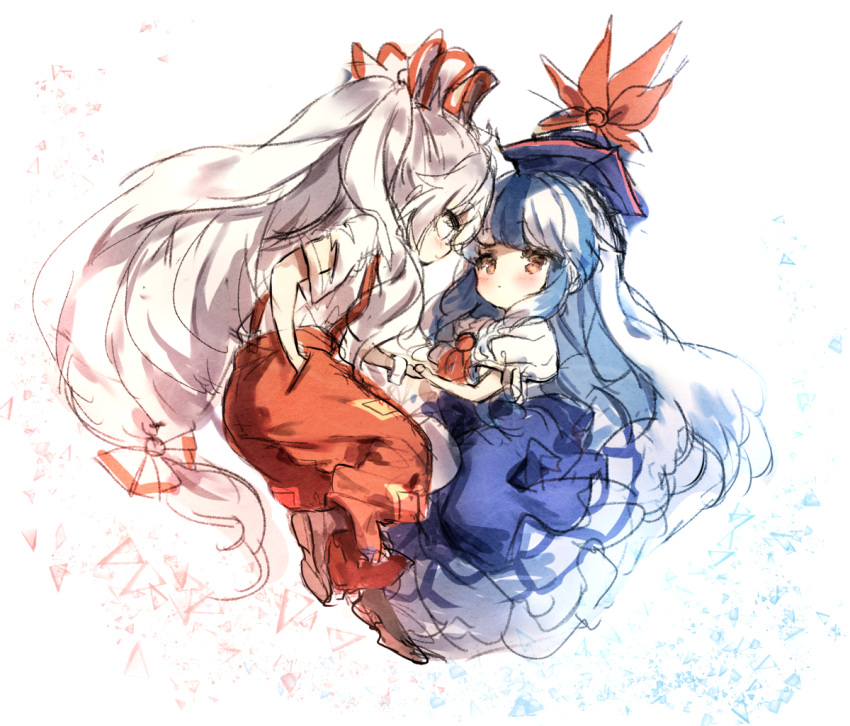 2girls ascot bangs blue_dress blue_hair blue_headwear bow brown_footwear chibi commentary_request dress eye_contact eyebrows_visible_through_hair from_side fujiwara_no_mokou hair_bow kamishirasawa_keine long_hair looking_at_another low-tied_long_hair multicolored_hair multiple_girls ofuda pants pinafore_dress piyokichi profile puffy_short_sleeves puffy_sleeves red_eyes red_neckwear red_pants shirt shoes short_sleeves sidelocks silver_hair simple_background sketch streaked_hair suspenders torn_clothes torn_sleeves touhou very_long_hair white_background white_bow white_shirt wrist_cuffs