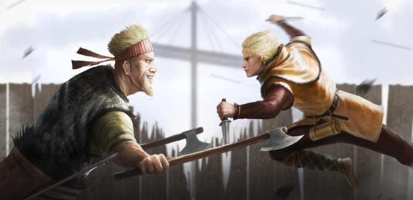 2boys axe battle beard belt blonde_hair day dual_wielding eye_contact facial_hair grin hairband headband highres holding holding_axe holding_knife jumping knife looking_at_another male_focus marco_lopena multiple_boys outdoors sail smile thorfinn thorkell vinland_saga white_sky