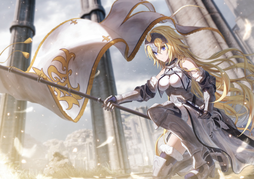 1girl armor armored_boots armored_dress bae.c bangs blonde_hair blue_eyes blue_sky blurry blurry_background boots closed_mouth clouds commentary_request day depth_of_field dress eyebrows_visible_through_hair fate/grand_order fate_(series) flag fur-trimmed_legwear fur_trim gauntlets hair_between_eyes headpiece holding holding_flag holding_sword holding_weapon jeanne_d'arc_(fate) jeanne_d'arc_(fate)_(all) one_knee outdoors pillar purple_legwear sky solo sword thigh-highs weapon white_dress