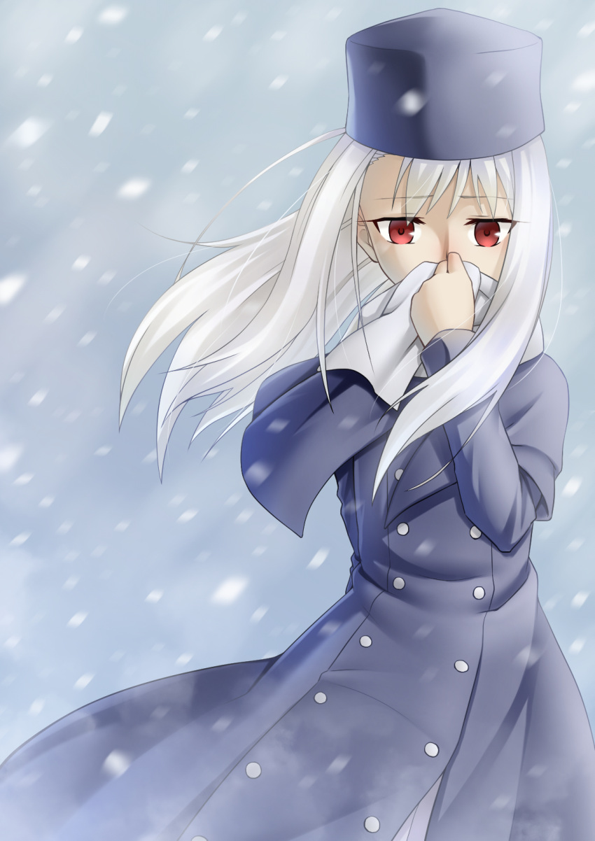 1girl arm_behind_back covering_mouth eyebrows_visible_through_hair fate/stay_night fate_(series) floating_hair grey_coat grey_headwear gyatto624 highres illyasviel_von_einzbern long_hair long_sleeves outdoors red_eyes silver_hair snowing solo standing wind