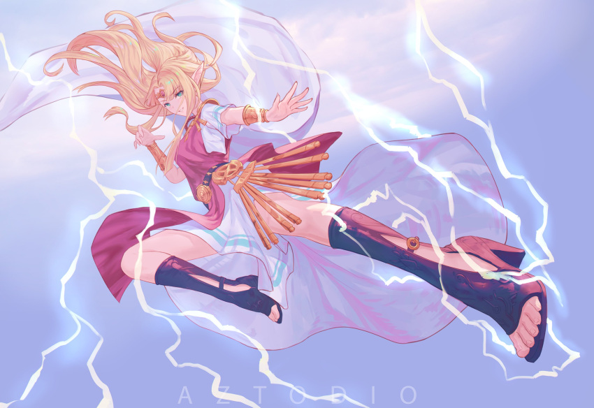 1girl azto_dio blonde_hair blue_eyes clouds dress earrings full_body gloves gown highres jewelry kicking lightning pointy_ears princess_zelda smile solo super_smash_bros. the_legend_of_zelda the_legend_of_zelda:_a_link_between_worlds tiara triforce
