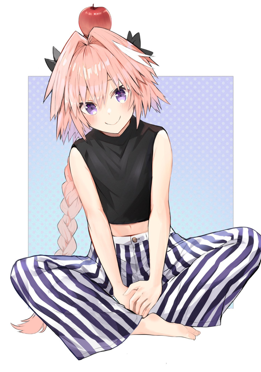 1boy apple astolfo_(fate) bangs bare_arms barefoot black_bow black_shirt bow braid c: closed_mouth commentary_request fate/apocrypha fate_(series) food food_on_head fruit fruit_on_head full_body hair_between_eyes hair_bow hair_intakes head_tilt highres indian_style kusumoto_touka long_hair looking_at_viewer male_focus midriff multicolored_hair navel object_on_head otoko_no_ko own_hands_together pants pink_hair polka_dot polka_dot_background purple_pants shiny shiny_hair shirt sidelocks single_braid sitting sleeveless sleeveless_shirt smile solo streaked_hair striped striped_pants very_long_hair violet_eyes white_background white_hair white_pants